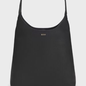 Hobo bag in leather with metallic logo lettering