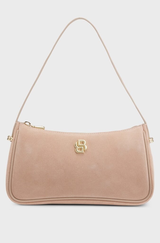 Suede shoulder bag with metallic Double B monogram