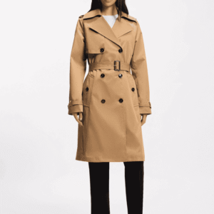 Double-breasted trench coat with buckled belt