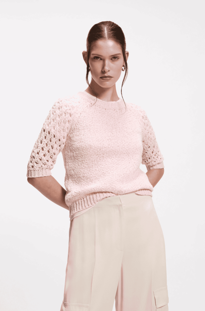 Cotton-blend sweater with open-knit sleeves